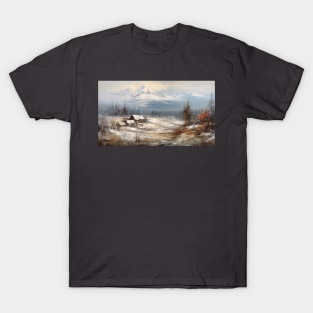 Painting of cozy cabins overlooking the mighty mountains for your Airbnb, hotel, motel or home T-Shirt